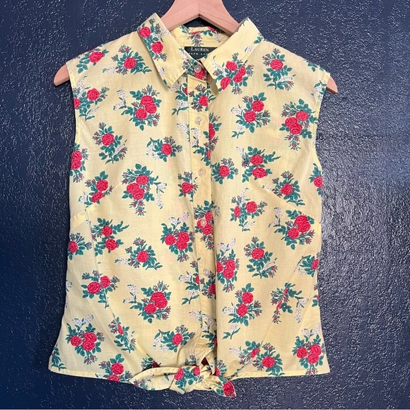 Vintage Lauren Ralph Lauren Sleeveless Button-up Shirt in Floral Print - Picture 1 of 5